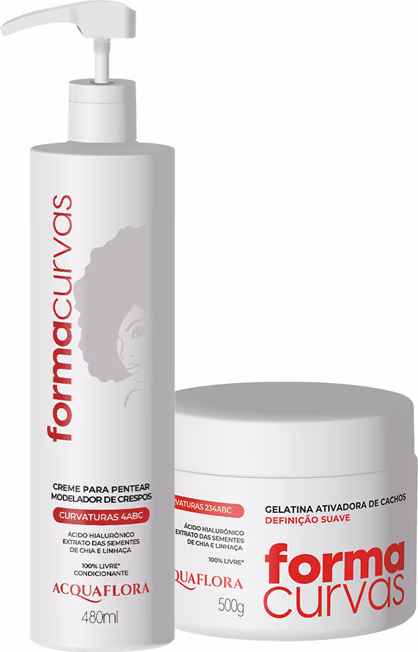 Dois produtos Acquaflora: um frasco de creme para pentear modelador de cachos de 480ml e um pote de gelatina ativadora de cachos de 500g, ambos com design minimalista em tons de branco e cinza.