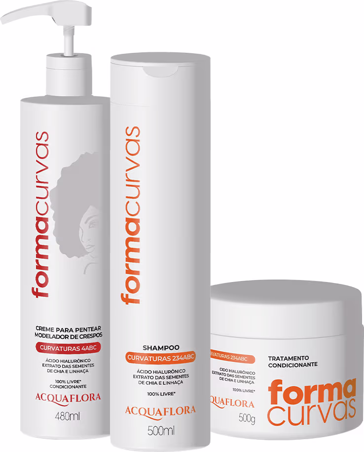 Produtos de cuidados capilares da marca Acquaflora, incluindo creme para pentear, shampoo e tratamento condicionante, em embalagens brancas com detalhes em laranja, exibindo informações sobre os ingredientes e benefícios.