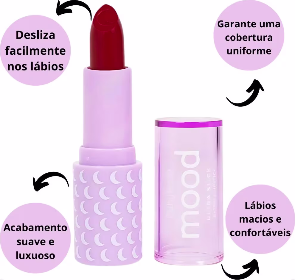 O próprio batom é de cor vermelha. A embalagem destaca algumas características do produto, como "Desliza facilmente nos lábios", "Garante uma cobertura uniforme" e "Lábios macios e confortáveis"