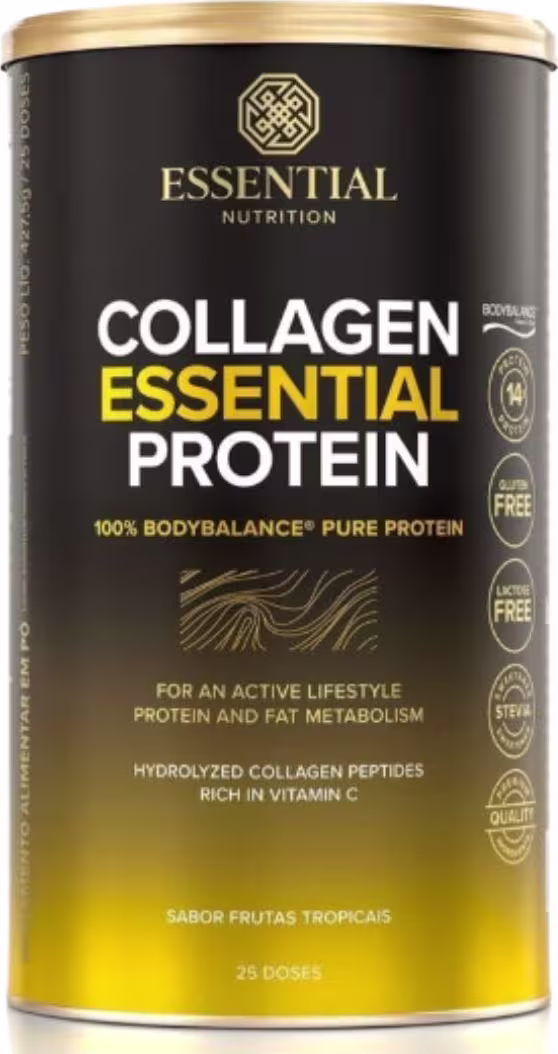 A imagem mostra uma lata de suplemento com rótulo preto e amarela.