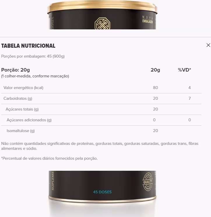 A imagem mostra a tabela nutricional do produto.