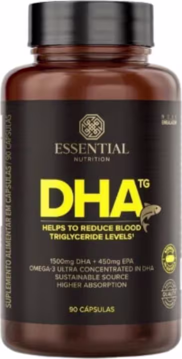 A imagem mostra um frasco redondo marrom com rótulo preto e letras douradas e amarelas.