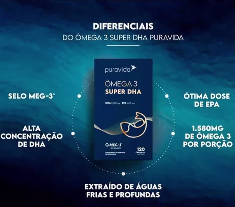 Suplemento alimentar Omega 3 Super DHA da marca Puravida. Embalagem retangular azul escura com detalhes dourados. Rótulo indicando alta concentração de DHA, selo MEG-3, dose ótima de EPA de 1.580mg de Omega 3 por porção.