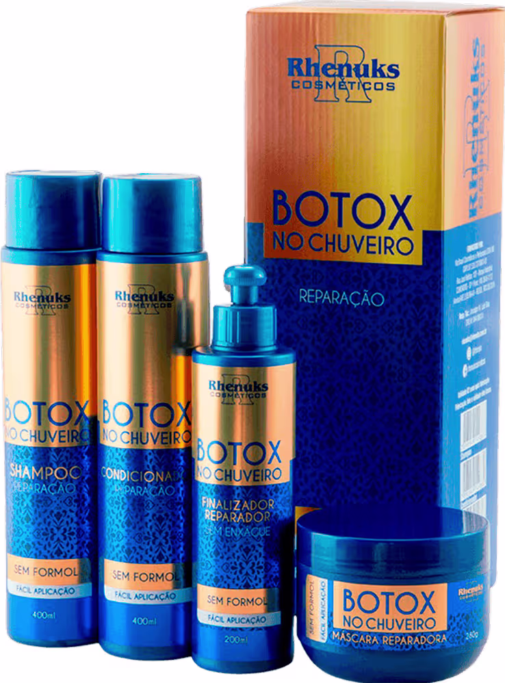 Produtos de beleza da marca Rhenuks, incluindo shampoo, condicionador, finalizador e máscara reparadora de Botox no Chuveiro, em embalagens azuis e douradas.