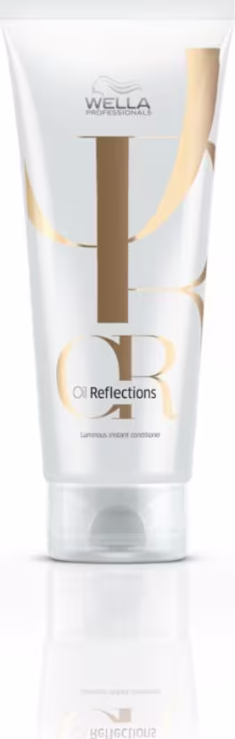 Condicionador Oil Reflections Wella Professionals. Embalagem plástica tubular branca com detalhes dourados. Texto adicional indicando que é um "Intensive Repair Conditioner" (Condicionador Reparador Intensivo).