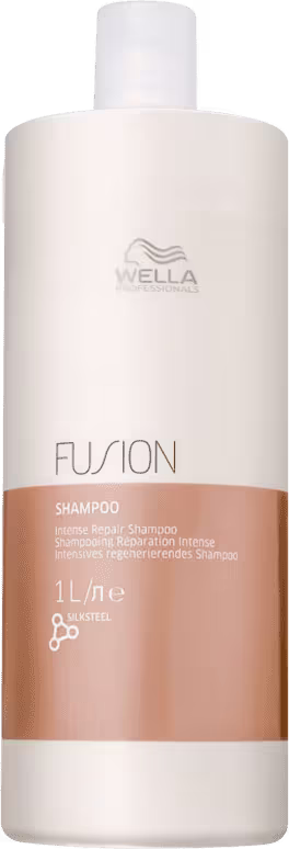 Shampoo Fusion 1 litro, embalagem branca em formato cilíndrico com um rótulo rosé.