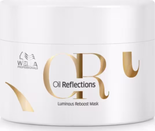 Máscara de tratamento Oil Reflections da Wella Professionals. O produto vem em uma embalagem plástica branca opaca com tampa removível. Na parte frontal da embalagem, está impresso em letras douradas "Oil Reflections Luminous Reboost Mask".