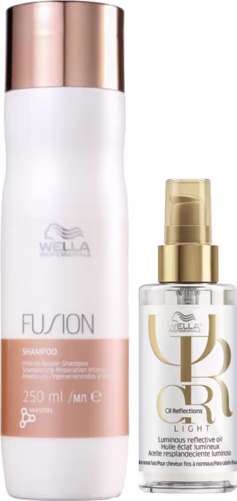 Shampoo Fusion em uma embalagem branca e rosa metalizado de 250ml. O outro é um óleo de brilho leve Oil Reflections Light de 100ml.
