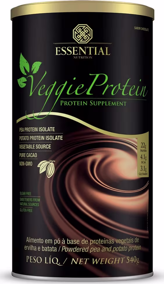 A imagem mostra uma lata de suplemento com rótulo preto e letras verdes e bege.