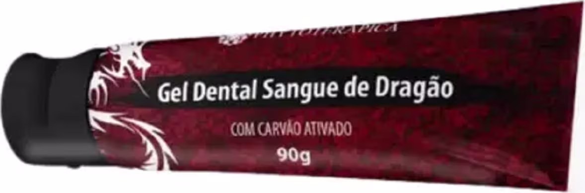 Gel dental com extrato de sangue de dragão, em embalagem vermelha e preta, com 90g de conteúdo e indicação de carvão ativado em sua composição.