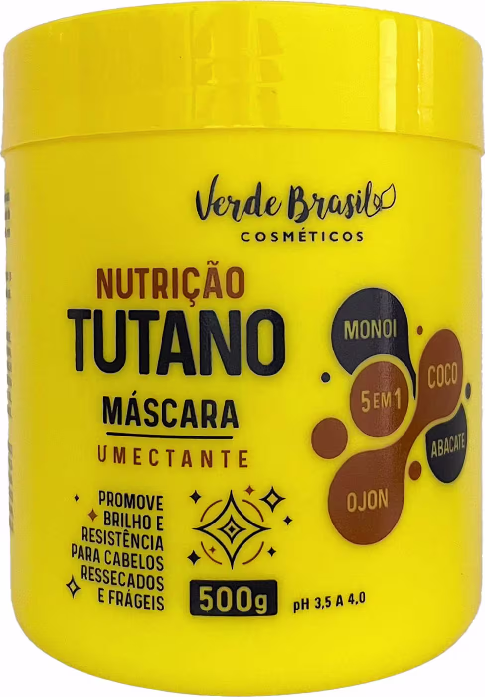 Máscara capilar Verde Brasil Cosméticos. O rótulo apresenta o nome do produto "Nutrição Tutano Máscara Umectante" em letras pretas e marrons. Abaixo, há informações adicionais como "Promove brilho e resistência para cabelos ressecados e frágeis".