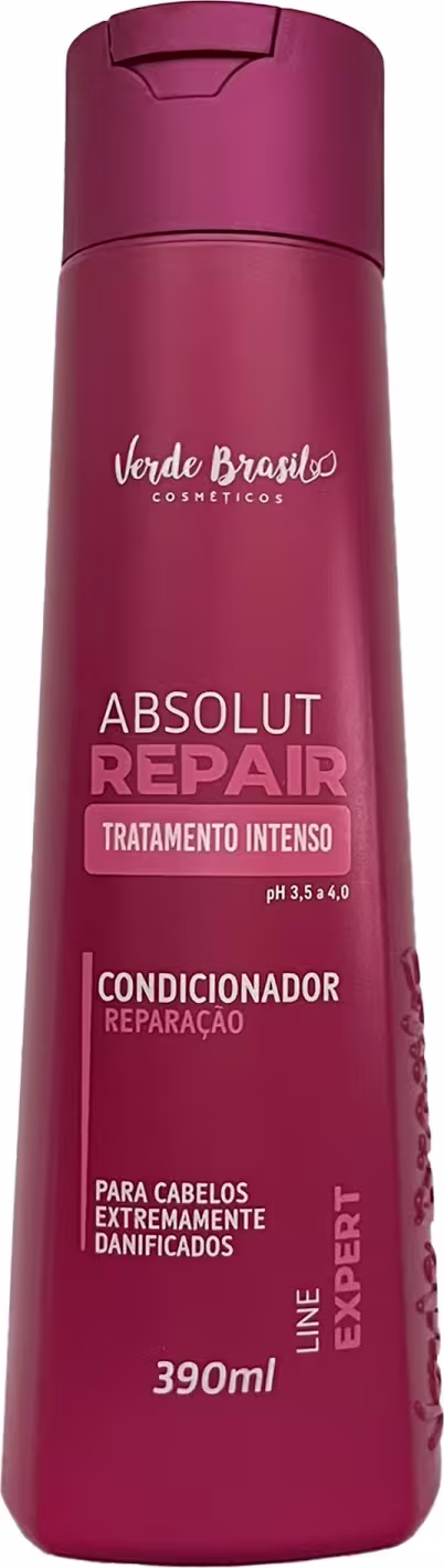 Shampoo reparador intenso Absolut Repair da linha Verde Brasil Cosméticos. Embalagem vermelha com tampa superior. Rótulo com texto em português descrevendo o produto como "Tratamento Intenso" para cabelos extremamente danificados. Volume de 390ml