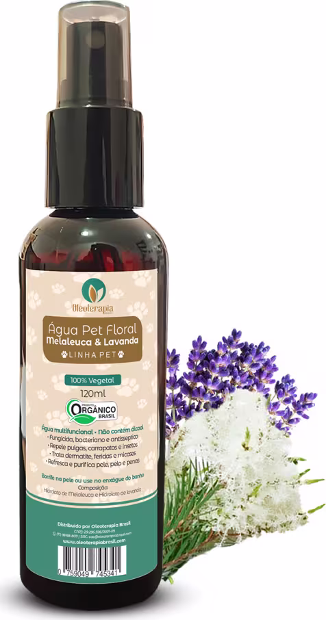 Água Floral Pet Hidrolato de Melaleuca e Lavanda, da marca Oleoterapia Brasil.