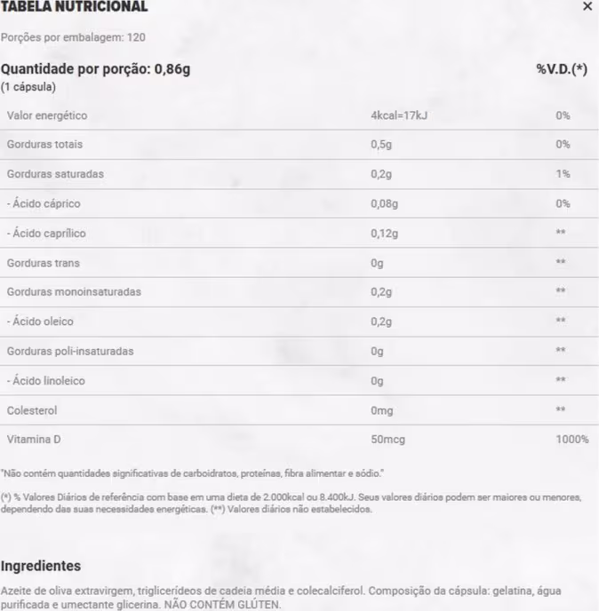 A imagem mostra a tabela nutricional do produto.