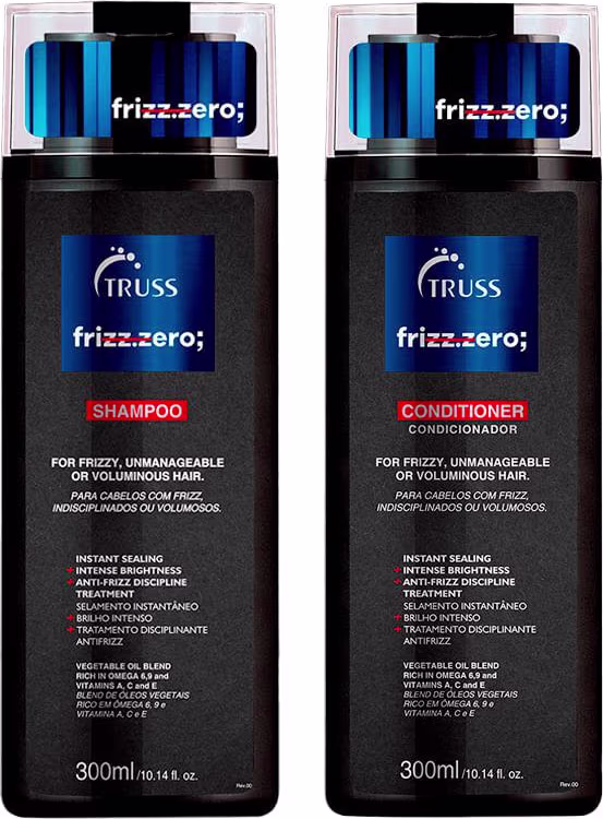 Kit com shampoo e condicionador Frizz Zero, da marca TRUSS.