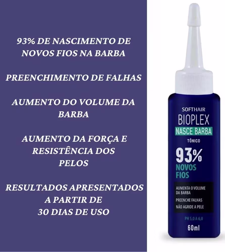 93% DE NASCIMENTO DE NOVOS FIOS NA BARBA
PREENCHIMENTO DE FALHAS
AUMENTO DO VOLUME DA BARBA
AUMENTO DA FORÇA E RESISTÊNCIA DOS PELOS
RESULTADOS APRESENTADOS A PARTIR DE 30 DIAS DE USO