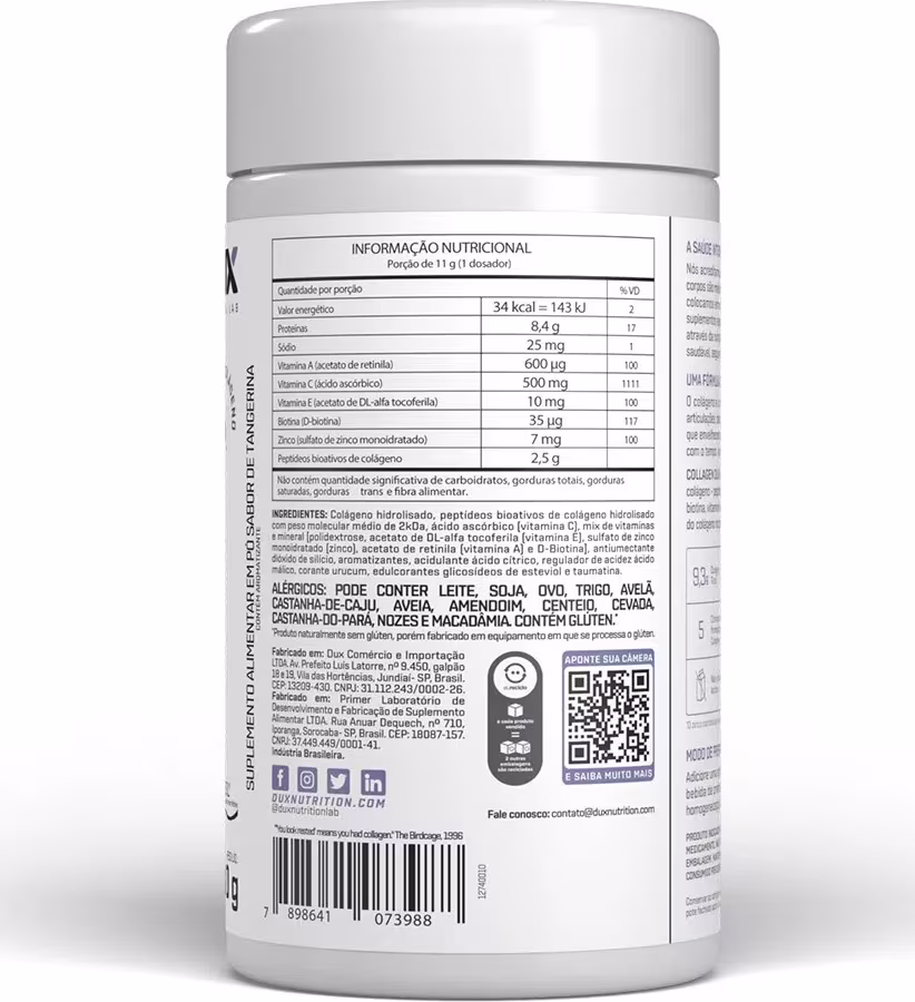O rótulo fornece informações sobre o produto, como a fórmula de colágeno única, instruções de preparo, avisos e a recomendação de consumo para adultos acima de 18 anos. O frasco também exibe os logotipos da marca, endereços de redes sociais.