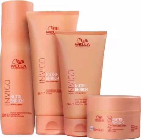 Quatro produtos da linha Invigo Nutri-Enrich de Wella Professionals. Um shampoo de 250ml, um condicionador de 200ml, um leave-in e uma máscara de 150ml cada. Todos em embalagens na cor laranja.