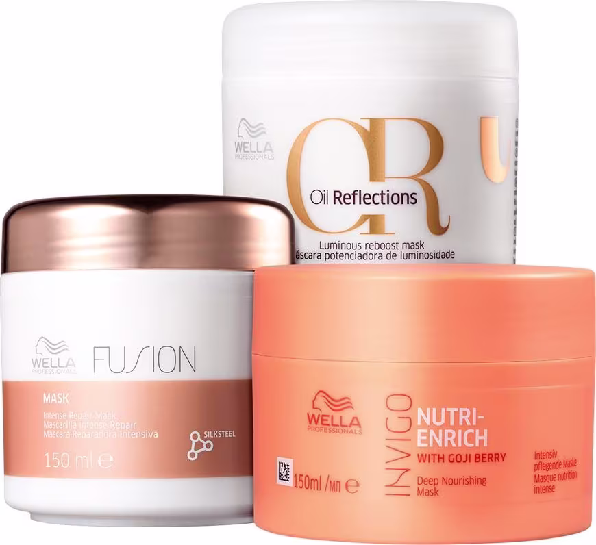 Kit com máscaras capilares Nutri-Enrich, Oil Reflections e Fusion, da marca Wella Professionals.