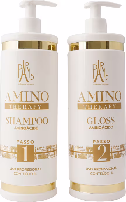 Dois frascos de shampoo e condicionador da linha Amino Therapy da marca Paris Cosmetics. Os frascos são brancos com detalhes dourados, contendo bombas dosadoras.
