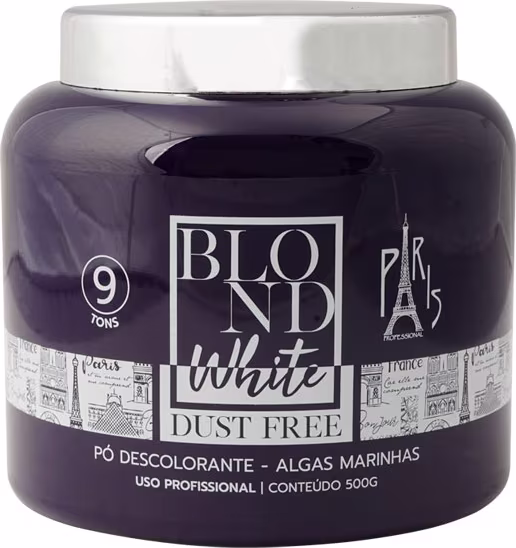 Pó descolorante em embalagem plástica com tampa branca. Frasco arredondado de cor roxa escura com rótulo branco e preto contendo o nome do produto "Blond White Dust Free" e a marca "Paris".
