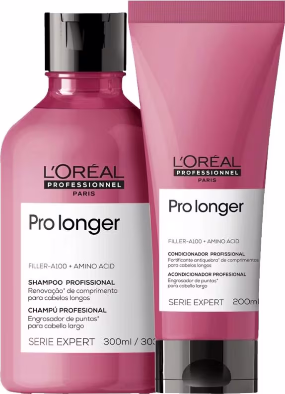 A imagem mostra um kit da L'Oréal Professionnel Pro Longer com um frasco arredondado de shampoo e uma bisnaga com condicionador. Todos de cor rosa escuro, rótulo branco e tampa preta.