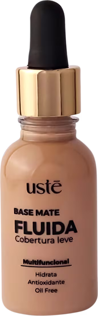 Base mate fluida de cobertura leve da marca Ustē Cosméticos. Frasco de plástico transparente com tampa em conta gotas. Líquido bege no interior. Rótulo "Base Mate FLUIDA Cobertura leve" e "Multifuncional, Hidrata, Antioxidante, Oil Free".