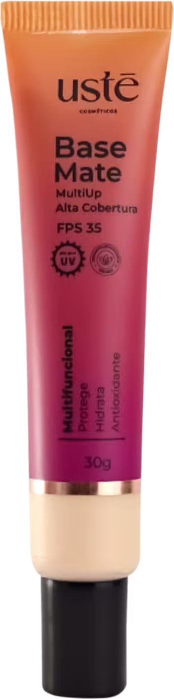 Base Matte da Ustē Cosméticos. Produto de maquiagem em embalagem plástica cilíndrica de cor laranja e rosa. Rótulo indicando FPS 35 e proteção UV. Tubo de 30g com detalhes em preto e dourado na parte inferior.