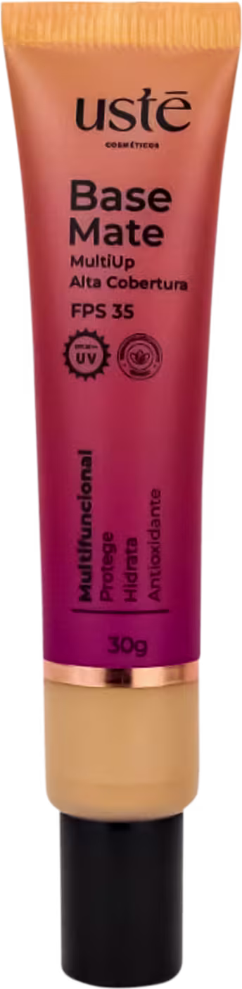 Base Matte da Ustē Cosméticos. Produto de maquiagem em embalagem plástica cilíndrica de cor laranja e rosa. Rótulo indicando FPS 35 e proteção UV. Tubo de 30g com detalhes em preto e dourado na parte inferior.