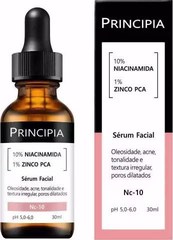 Produto de beleza em frasco conta-gotas âmbar de 30ml. Embalagem plástica preta com rótulo branco indicando "10% NIACINAMIDA 1% ZINCO PCA" e a marca Principia. Conta-gotas preto na parte superior do frasco.