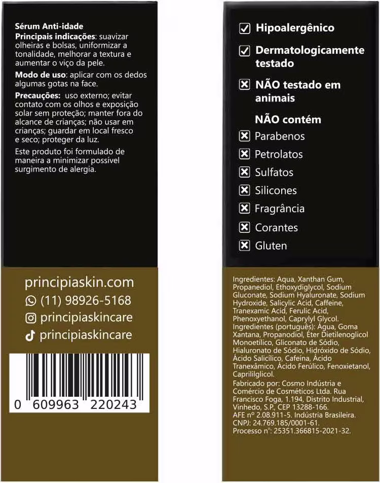 O produto da marca Principia Skin Care. Na frente, há um rótulo com informações sobre o produto, incluindo seus principais benefícios, modo de uso, precauções e uma lista de ingredientes.