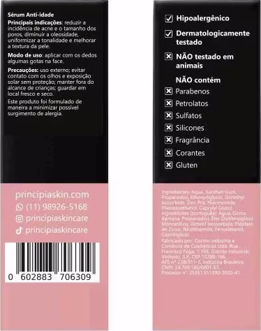 O produto da marca Principia Skin Care. Na frente, há um rótulo com informações sobre o produto, incluindo seus principais benefícios, modo de uso, precauções e uma lista de ingredientes.