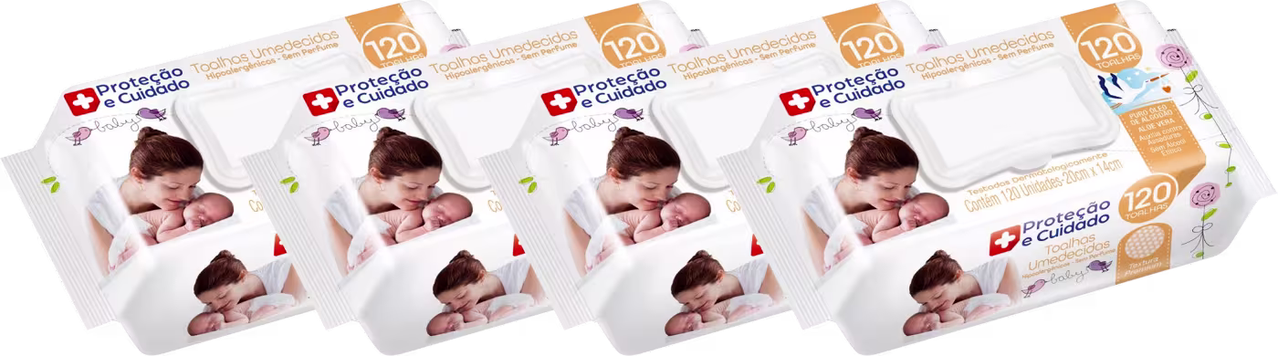 Há quatro pacotes retangulares com embalagens brancas e detalhes em laranja. Cada pacote exibe a imagem de um bebê sorridente e o número "120" indicando a quantidade de lenços. O texto "Proteção e Cuidado" está visível nos pacotes.