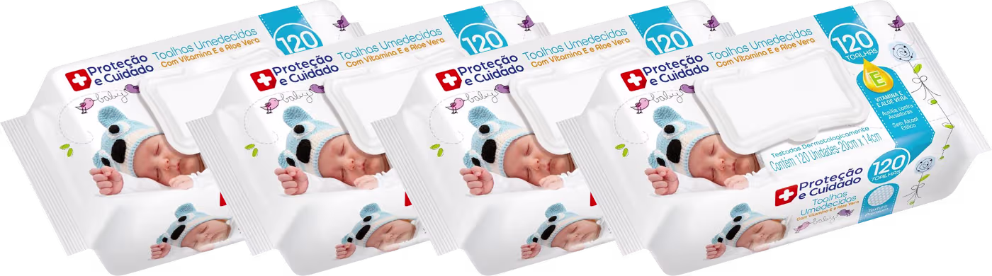 Há quatro pacotes de toalhas umedecidas para bebês. Há imagens de dois bebês enrolados em toalhas azuis com estampa de animais. O texto principal destaca "Proteção e Cuidado" e "Toalhas Umedecidas com Vitamina E e Aloe Vera".