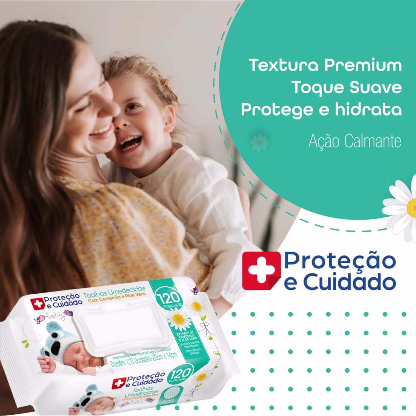 A imagem mostra toalhas umedecidas embaladas em pacotes plásticos transparentes com rótulos verdes e vermelhos. Os rótulos exibem o nome da marca "Proteção e Cuidado" e informações como "120 toalhas umedecidas" e "Ação Calmante".