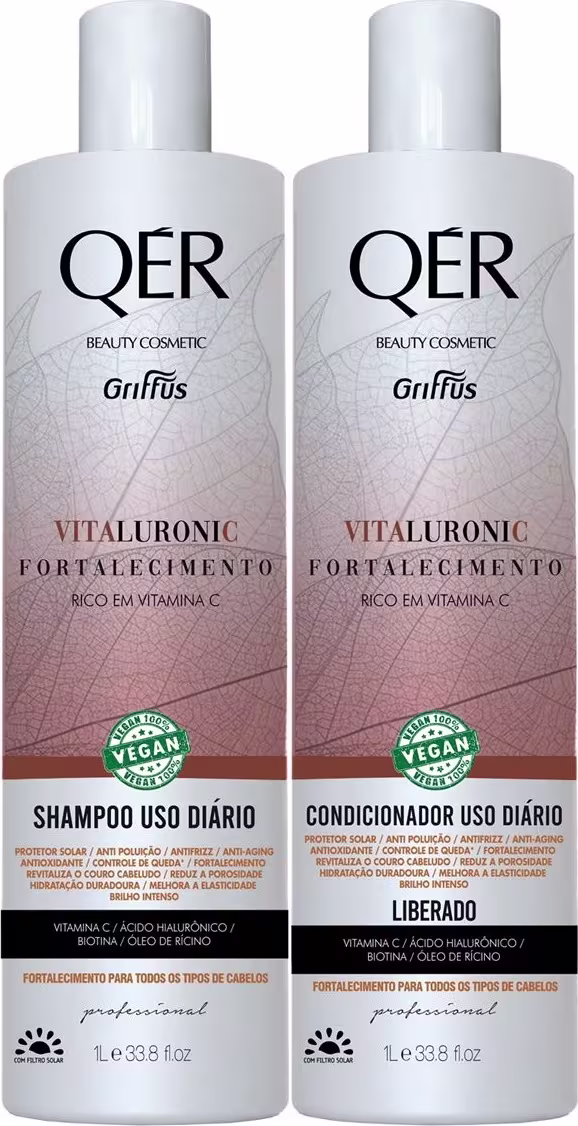 Kit com shampoo e condicionador QÉR Vitaluronic da marca Griffus.