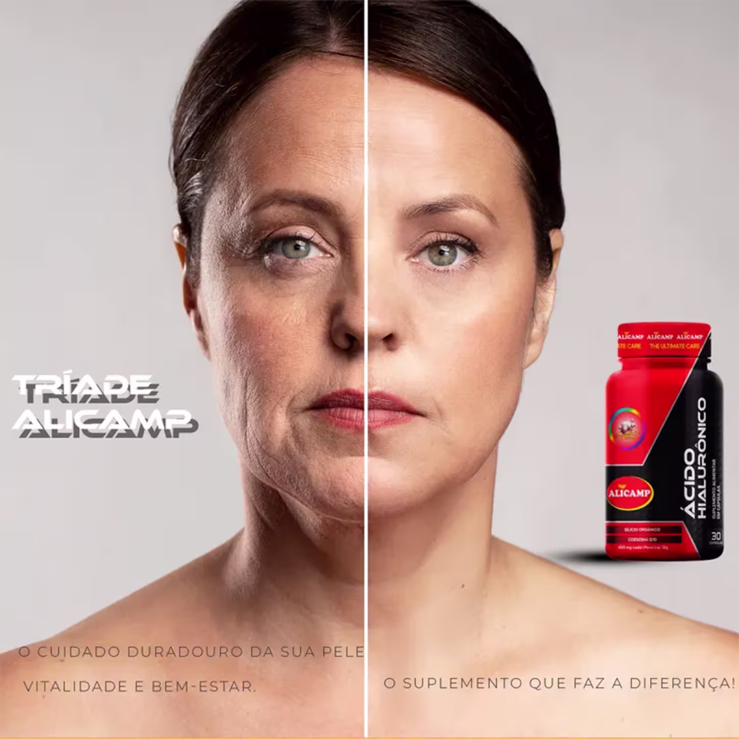 A imagem mostra o antes e depois de uma mulher que utilizou o suplemento. Antes sua pele está mais envelhecida e depois a pele aparece mais renovada com firmeza e jovialidade.