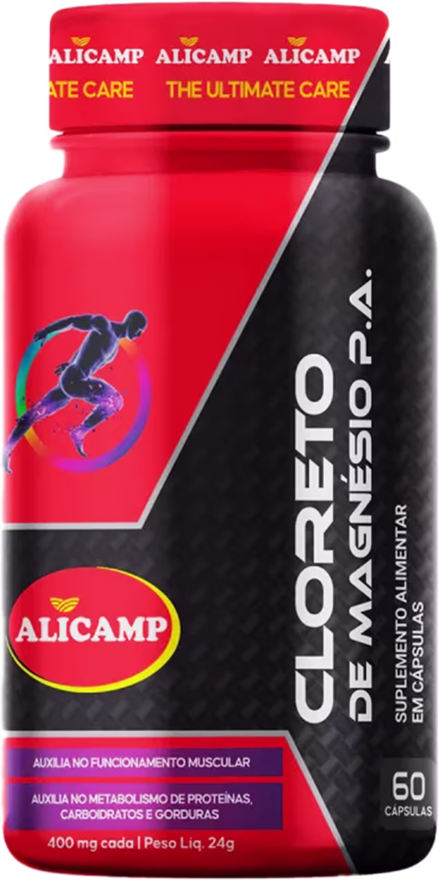 A imagem mostra o frasco do produto que é cilíndrico com o rótulo nas cores vermelho e preto com detalhes em roxo e branco.