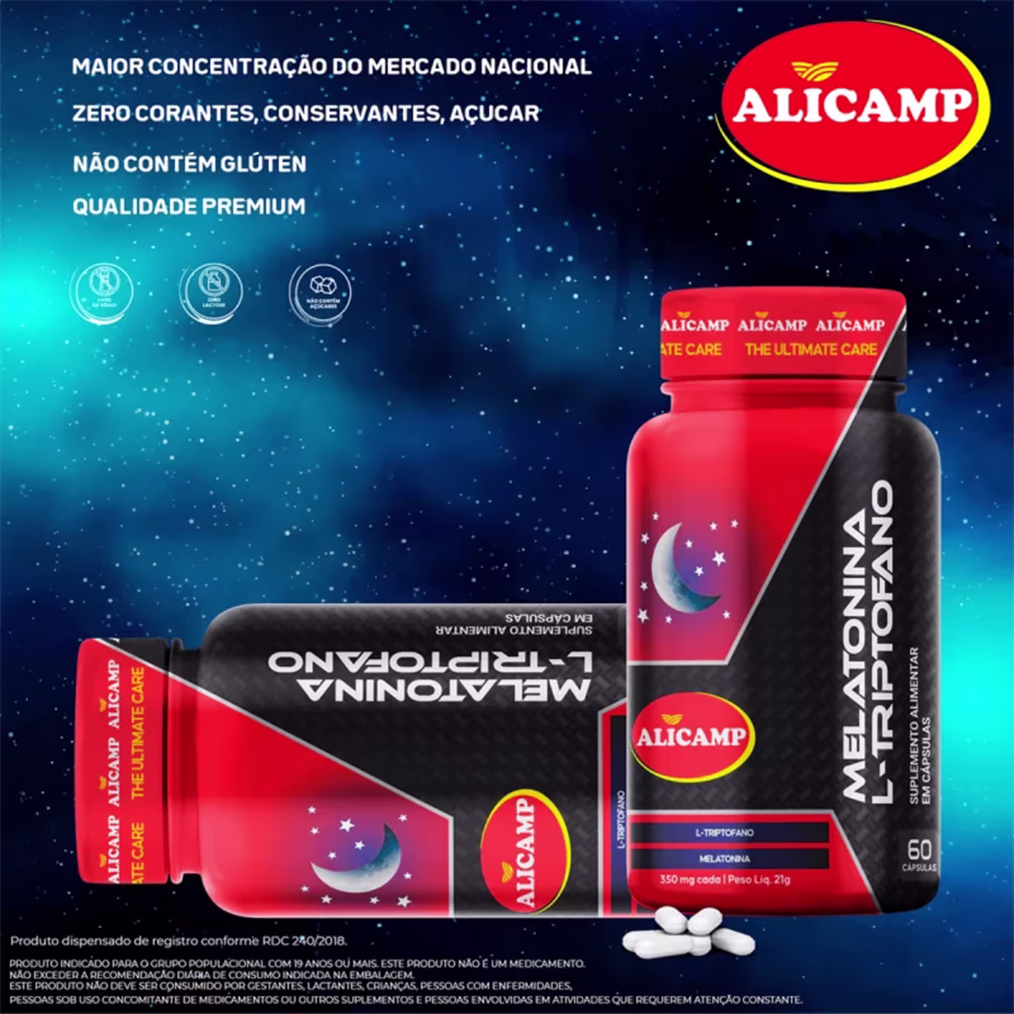 A imagem mostra 2 frascos do produto em um fundo estrelado, e acima textos destacam benefícios, como maior concentração do mercado nacional.