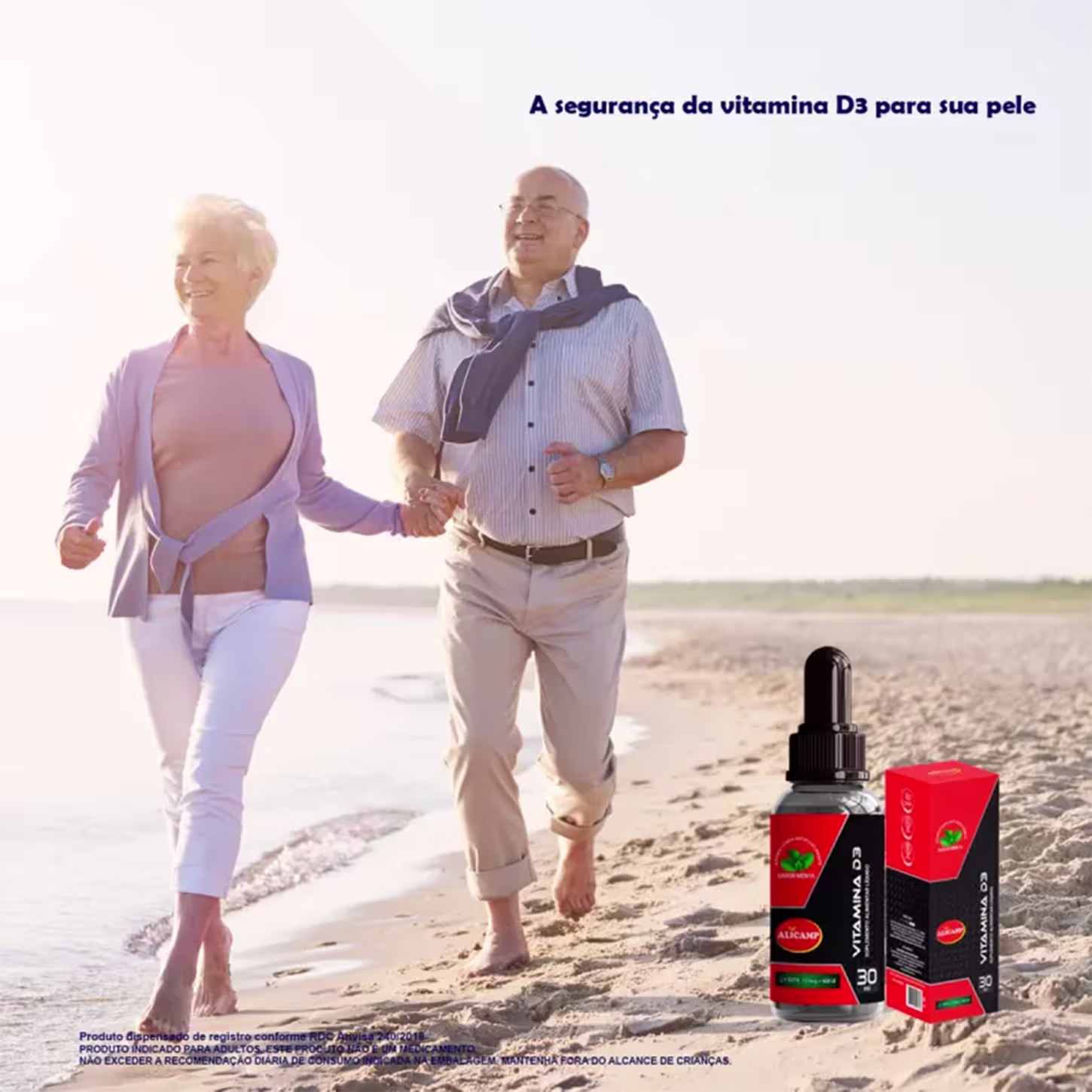A imagem mostra duas pessoas idosas caminhando felizes na praia e texto destaca: a segurança da vitamina D3 para sua pele.
