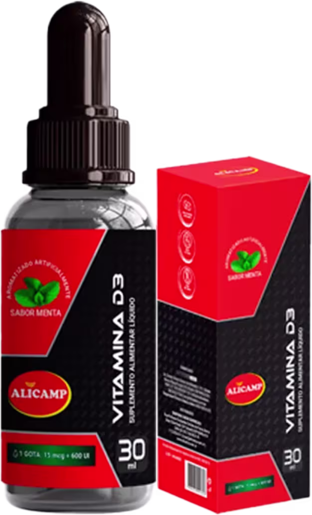 A imagem mostra o frasco do suplemento Vitamina D3. Seu frasco é cilíndrico com tampa em conta gotas. Seu rótulo é vermelho e preto com detalhes em branco.