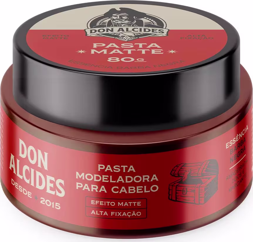 Pasta modeladora para cabelo da marca Don Alcides, com efeito matte e alta fixação. Embalagem preta e vermelha com rótulo destacado e informações sobre o produto.