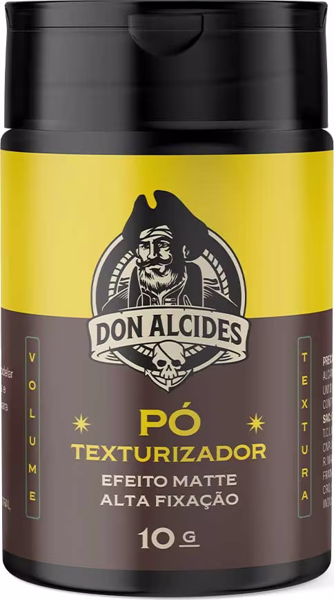 Frasco preto e amarelo de 10g contendo pó texturizador da marca Don Alcides, com efeito matte e alta fixação, conforme indicado no rótulo do produto.