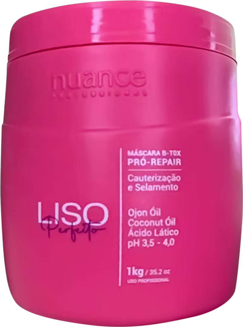 máscara capilar da marca Nuance Professional, chamada "Máscara B-Tox Pro-Repair". O rótulo destaca ingredientes, como óleo de coco, ácido lático e um pH entre 3,5 e 4,0. O produto é indicado para cauterização e selamento dos cabelos, com volume de 1 kg.