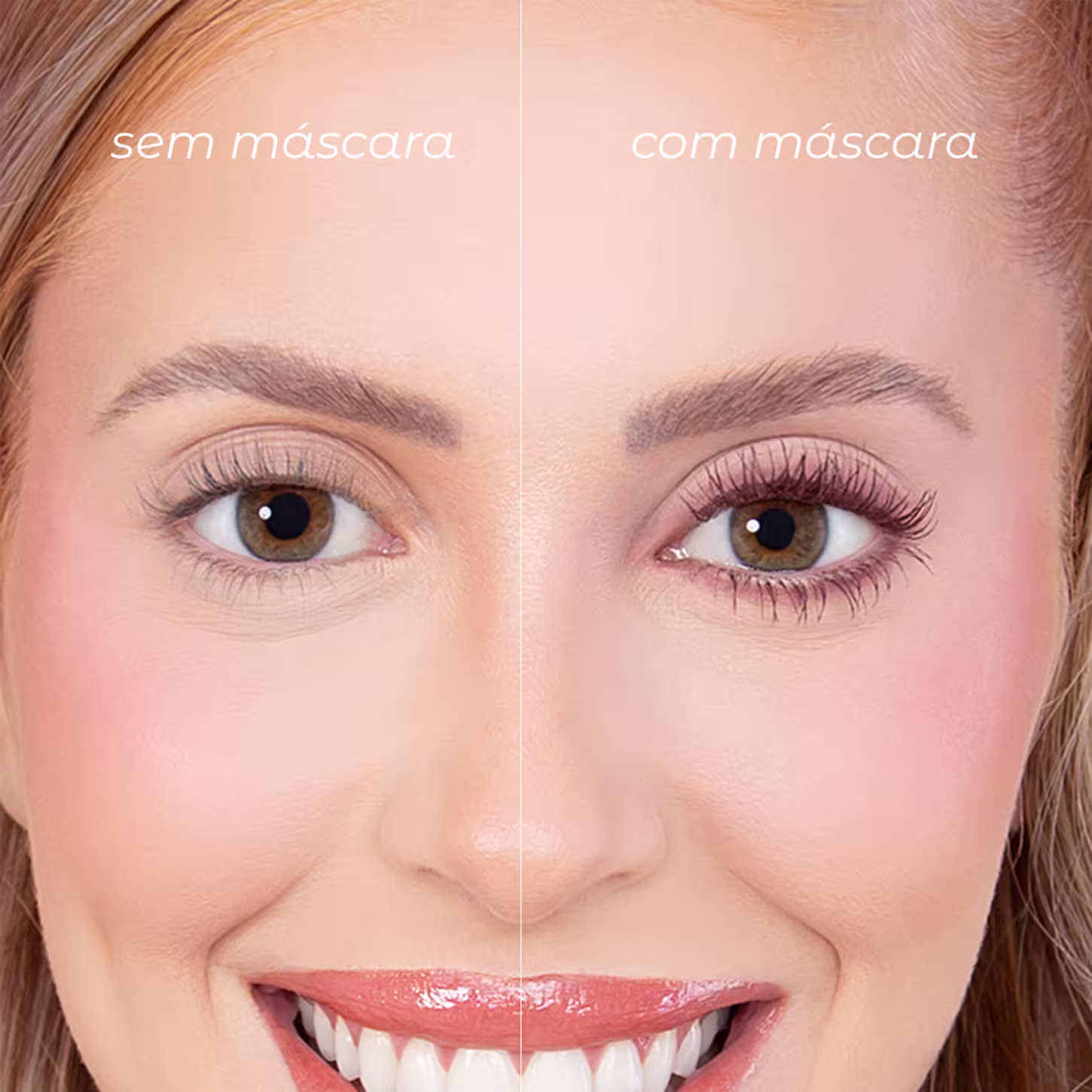 Esta imagem compara os olhos de uma mulher com e sem o uso de máscara para cílios. No lado esquerdo, vemos os cílios naturais, que parecem mais finos e curtos. No lado direito, após a aplicação da máscara, os cílios aparecem muito mais volumosos.