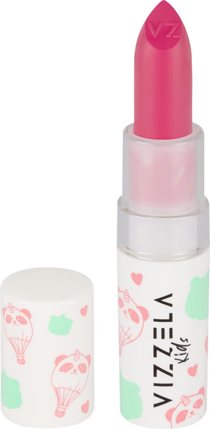 Batom em formato de bastão com embalagem plástica branca. A parte superior do batom é na cor rosa vibrante. A embalagem apresenta o logotipo "Vizzela" em letras pretas e detalhes decorativos em rosa e verde menta, com ilustrações de balões de ar quente.