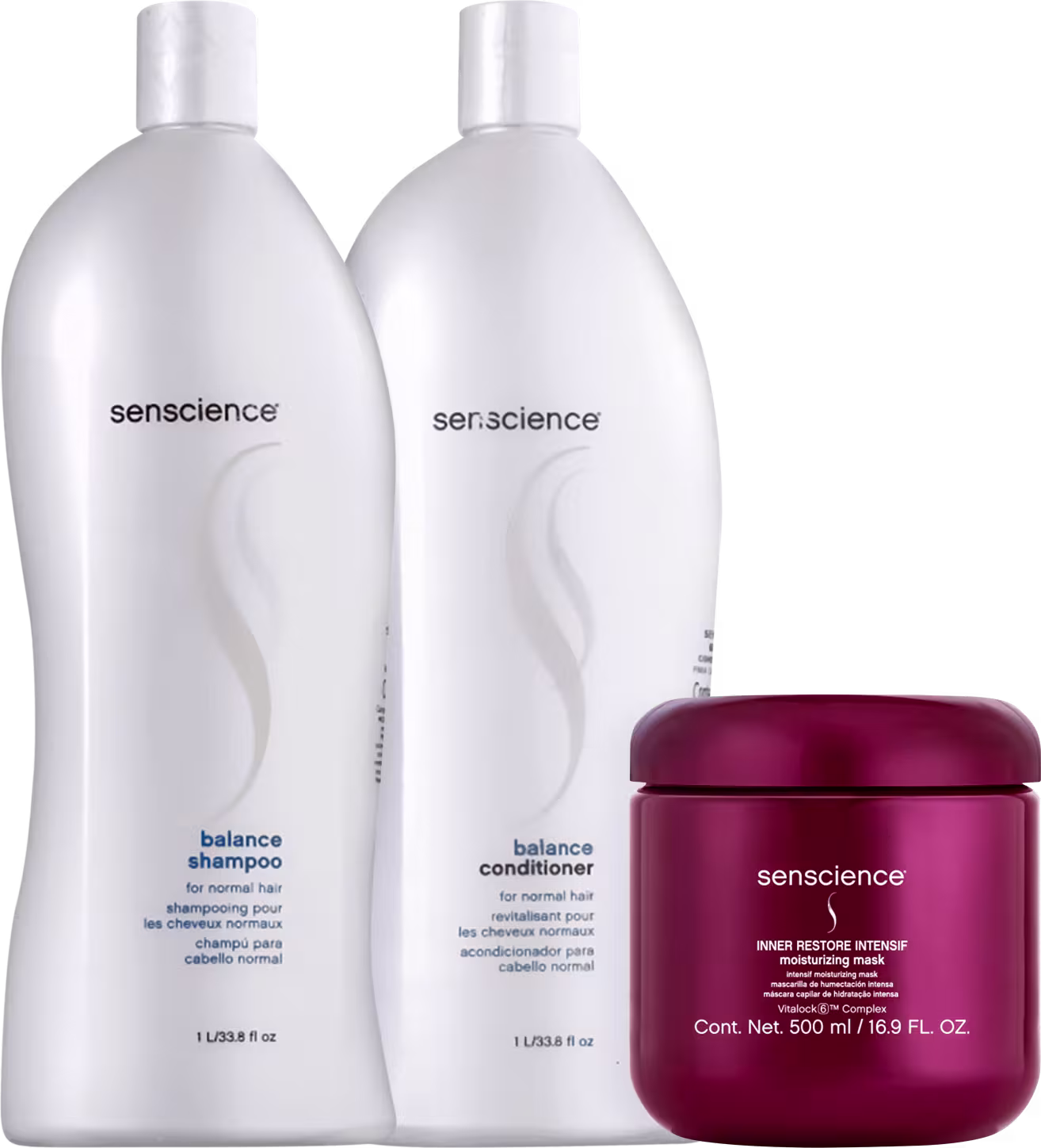 Shampoo e condicionador Balance de 1 litro da marca Senscience, e um pote vermelho de máscara hidratante Inner Restore Intensif com 500 ml.