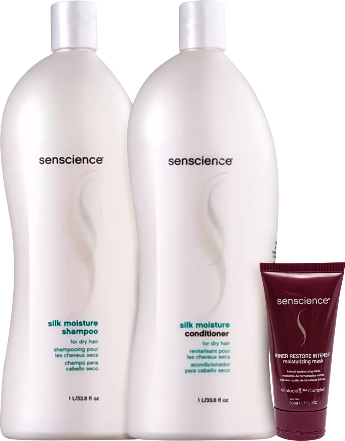 A imagem mostra dois grandes frascos de plástico branco opaco com tampas brancas, contendo shampoo e condicionador. Ao lado, um tubo vinho com a embalagem de uma máscara hidratante da mesma marca.