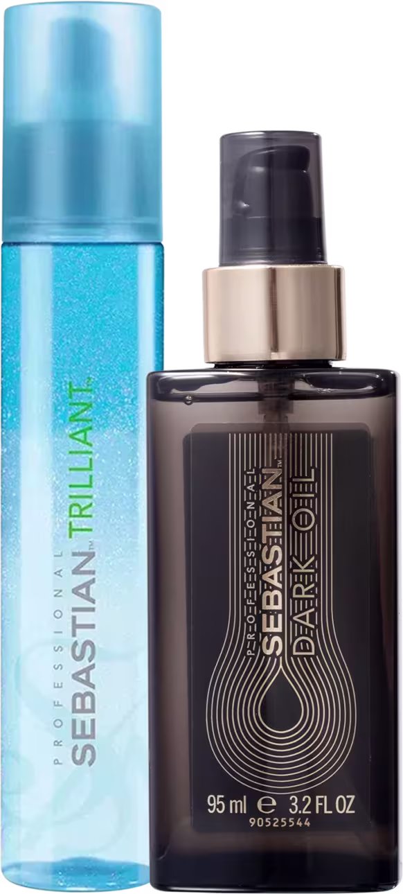 Sebastian Professional Trilliant é um protetor térmico em um frasco cilíndrico azul. Sebastian Professional Dark Oil é um óleo de tratamento em um frasco retangular escuro com rótulo preto e detalhes em relevo.