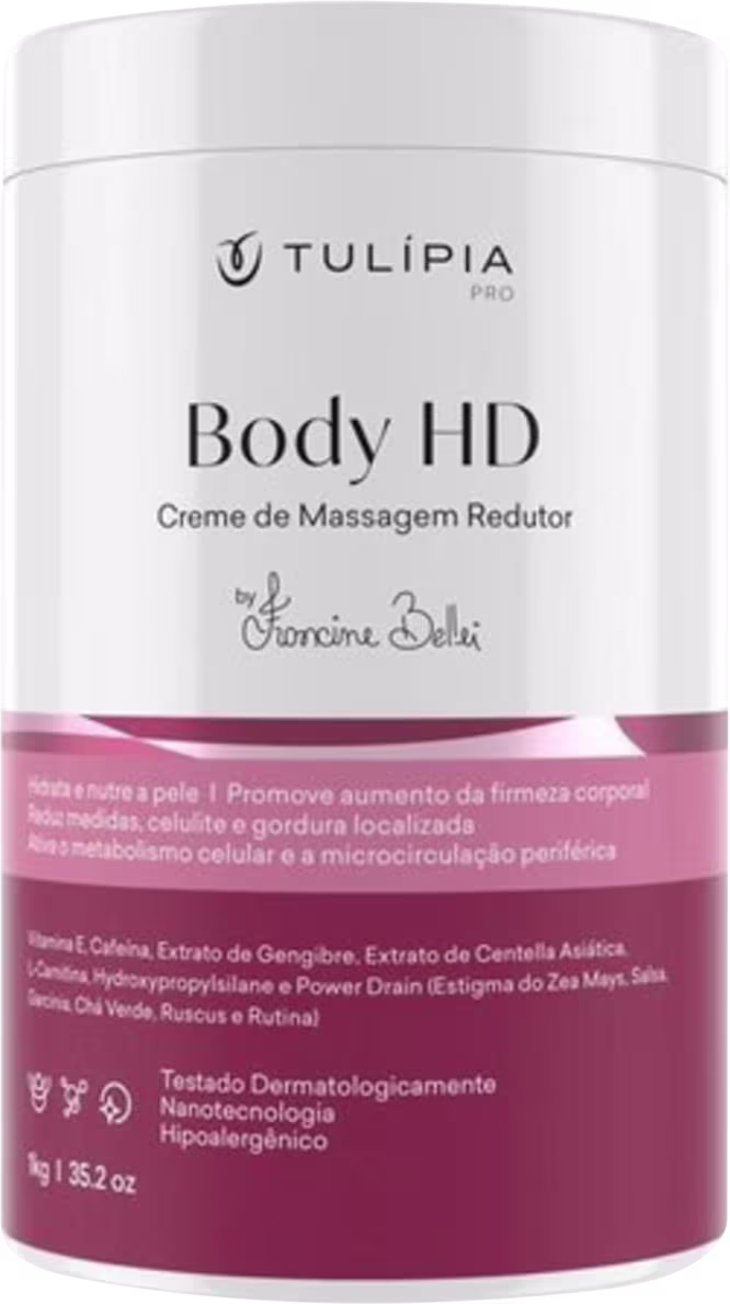 Creme de massagem redutor Body HD da linha Tulipia Pro. Embalagem plástica branca com detalhes em rosa.